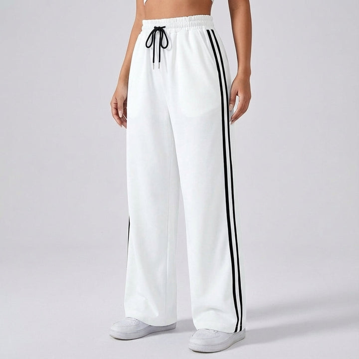 Fashionable women's wide leg joggers in Eloise style, black with contrasting sporty stripes