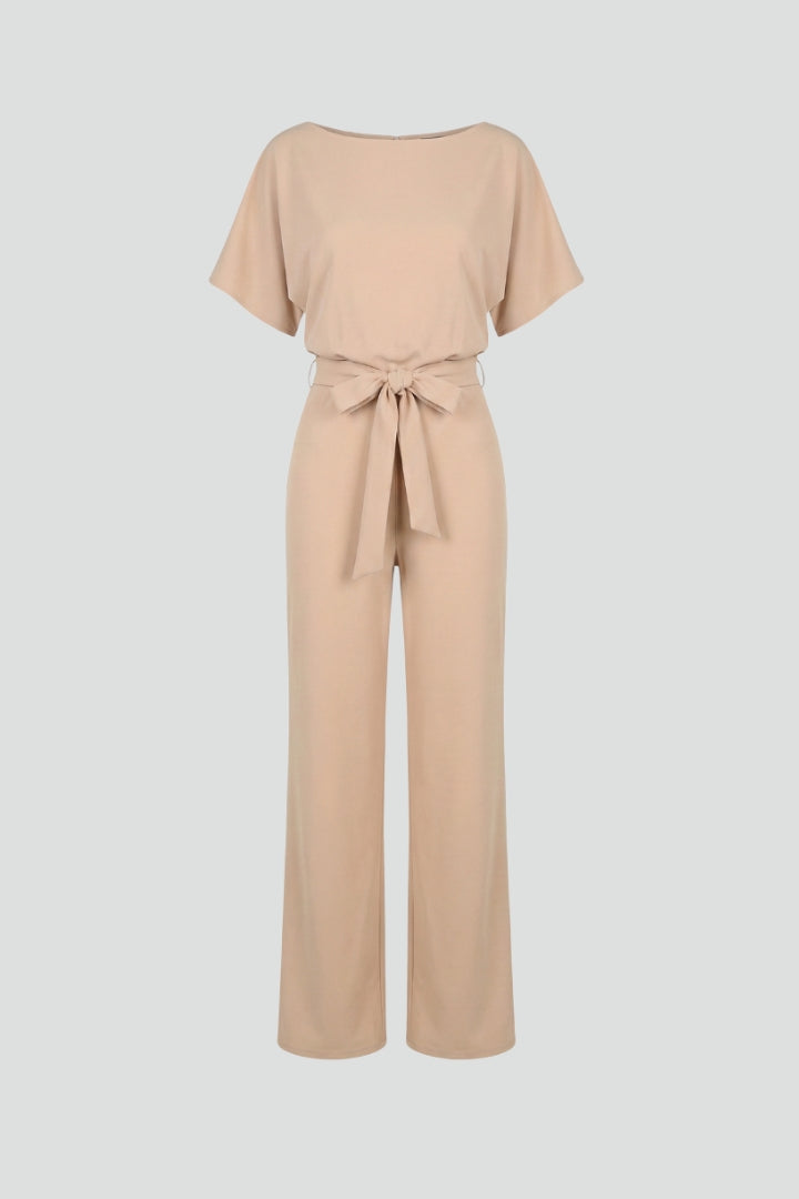 Women's wide leg short sleeve jumpsuit with a stylish belt, perfect for a comfortable & elegant look.