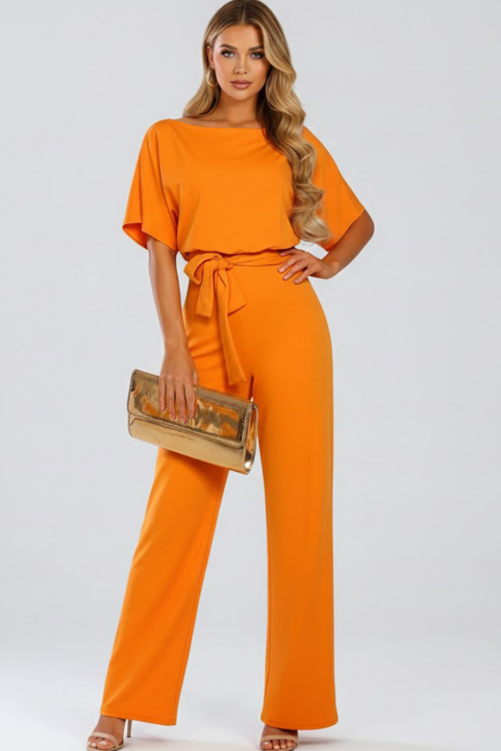 Stylish women's short sleeve wide leg jumpsuit, a versatile one-piece outfit with a matching belt detail.