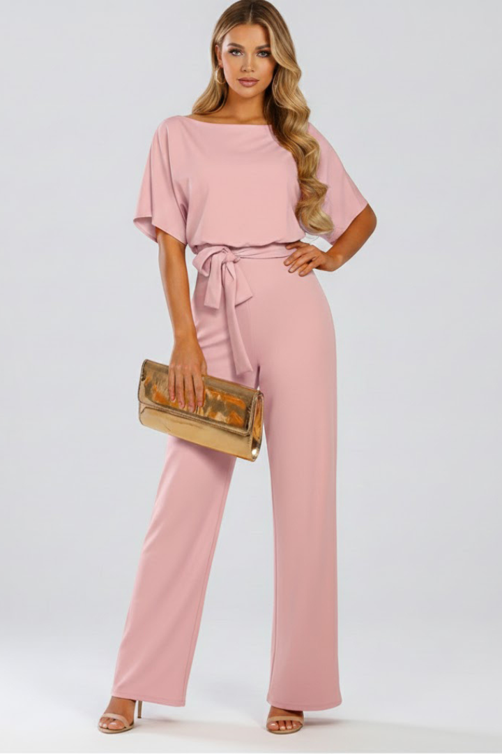 Elegant women's wide leg short sleeve jumpsuit with a self-tie belt, perfect for a comfortable spring look.