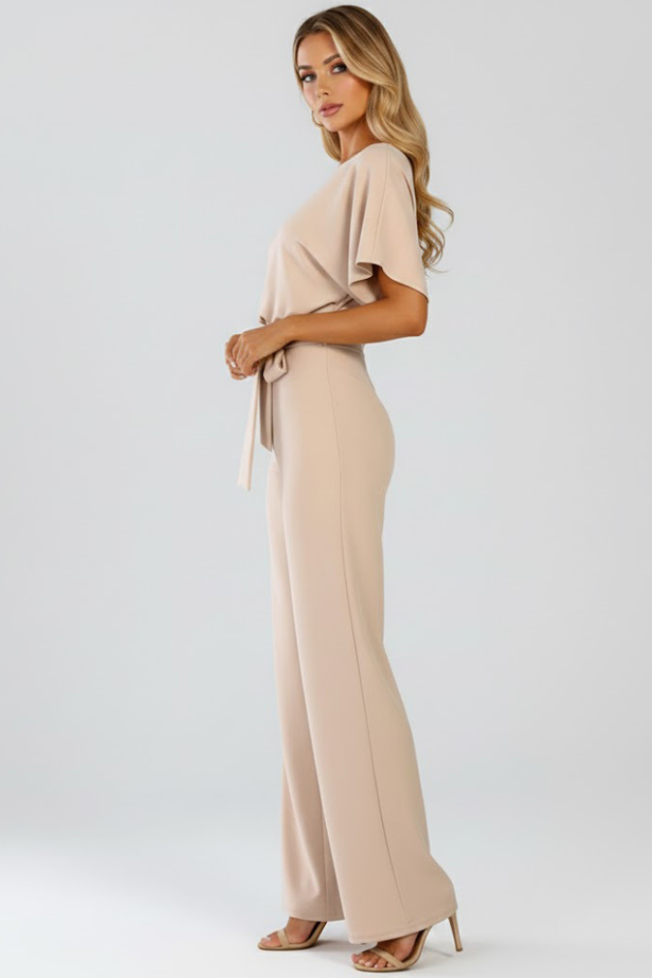 Elegant women's one-piece wide leg short sleeve jumpsuit with a flattering belt, great for any occasion.