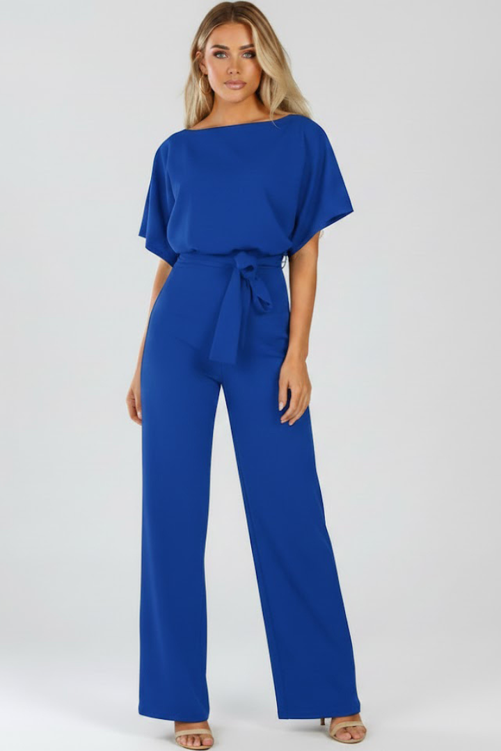 Modern women's wide leg short sleeve jumpsuit featuring a stylish belt, perfect for summer fashion.