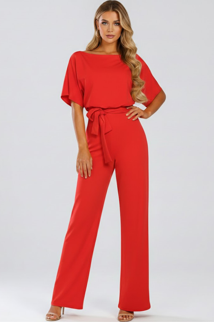 Casual chic women's wide leg short sleeve jumpsuit with a sophisticated belt, an essential summer piece.
