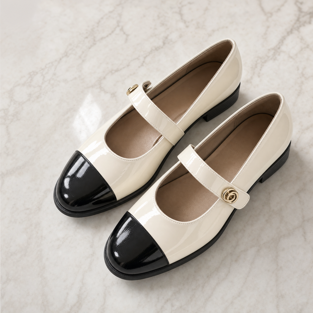 Classic style women's wide toe box Mary Jane flats with arch support, versatile for casual or dressy outfits.