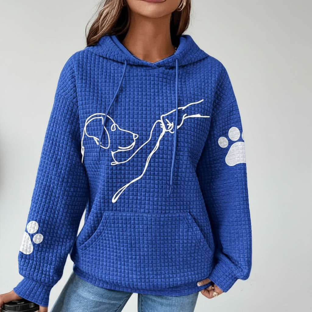 Close-up of 'Wilma' dog lover graphic on women's loose fit hoodie
