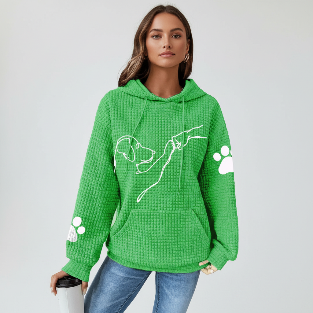 Full view of women's 'Wilma' dog print graphic hoodie, perfect for casual outings