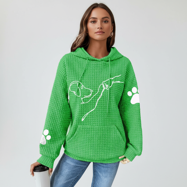 Full view of women's 'Wilma' dog print graphic hoodie, perfect for casual outings