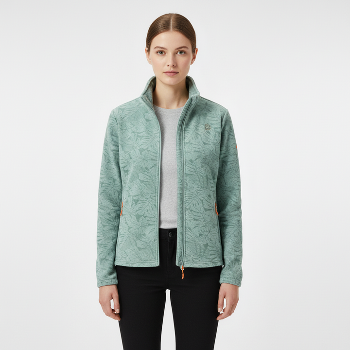 Sporty women's windproof fleece jacket with botanical print and zippered pockets