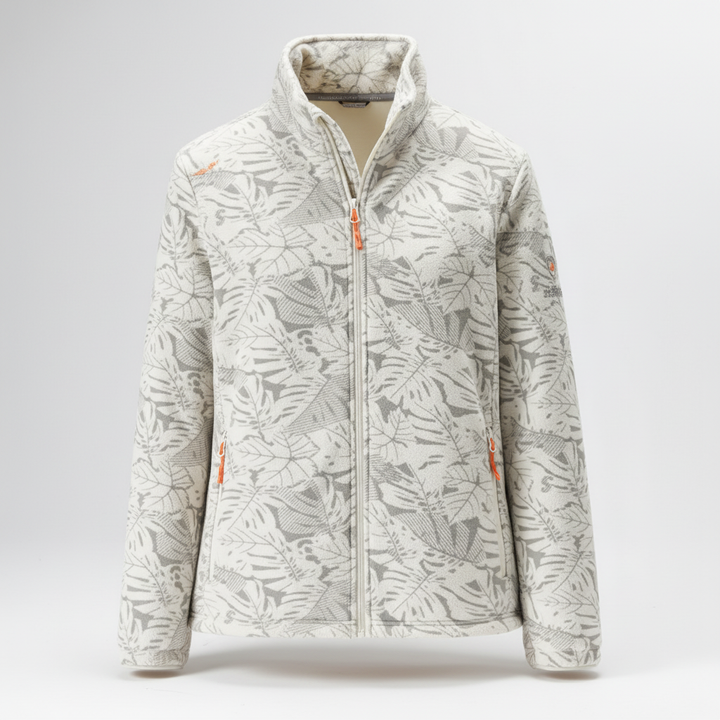 Full view of women's windproof botanical fleece jacket, Annette, outdoor fashion