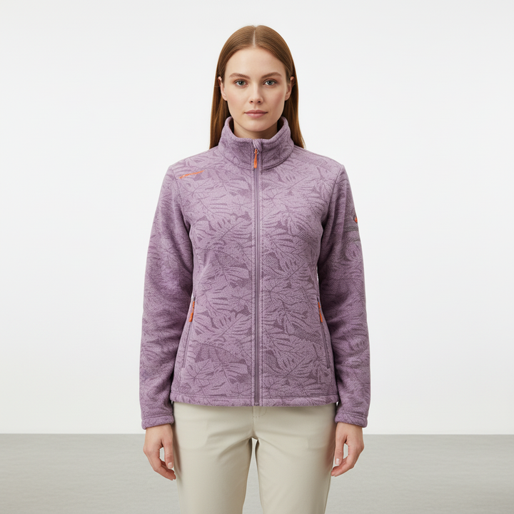 Stylish women's outerwear: botanical print windproof fleece jacket with practical pockets