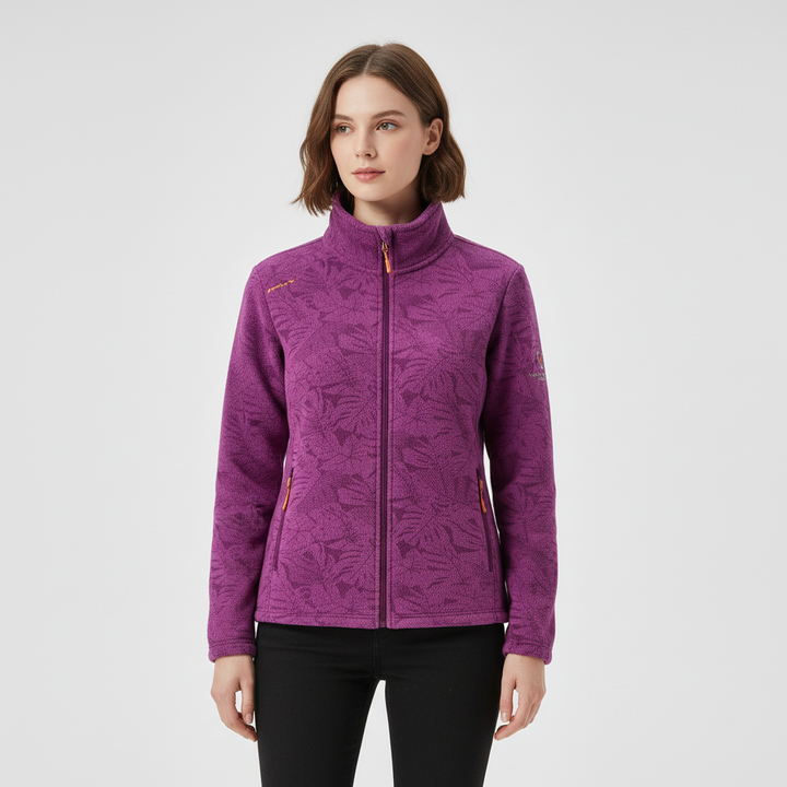 Back view of women's Annette windproof fleece jacket, botanical pattern, polyester