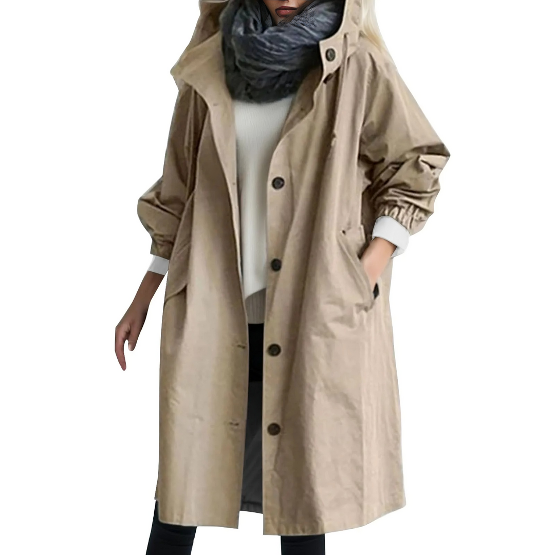 Women's windproof hooded trench coat for elegant weather protection. Ideal fall & spring outerwear.