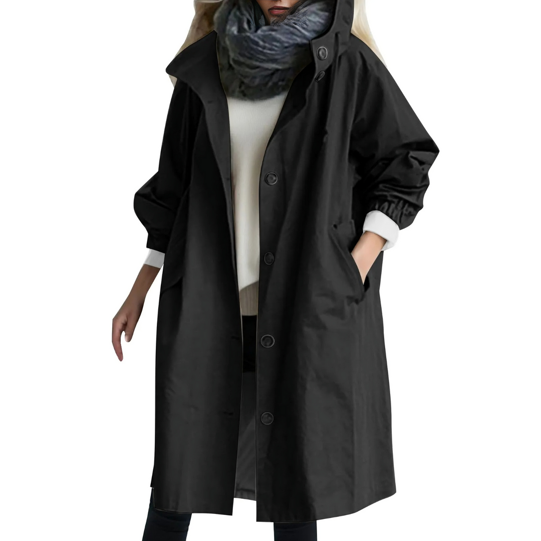 Stylish women's hooded trench coat, perfect for versatile fall and spring fashion. Comfortable & long.