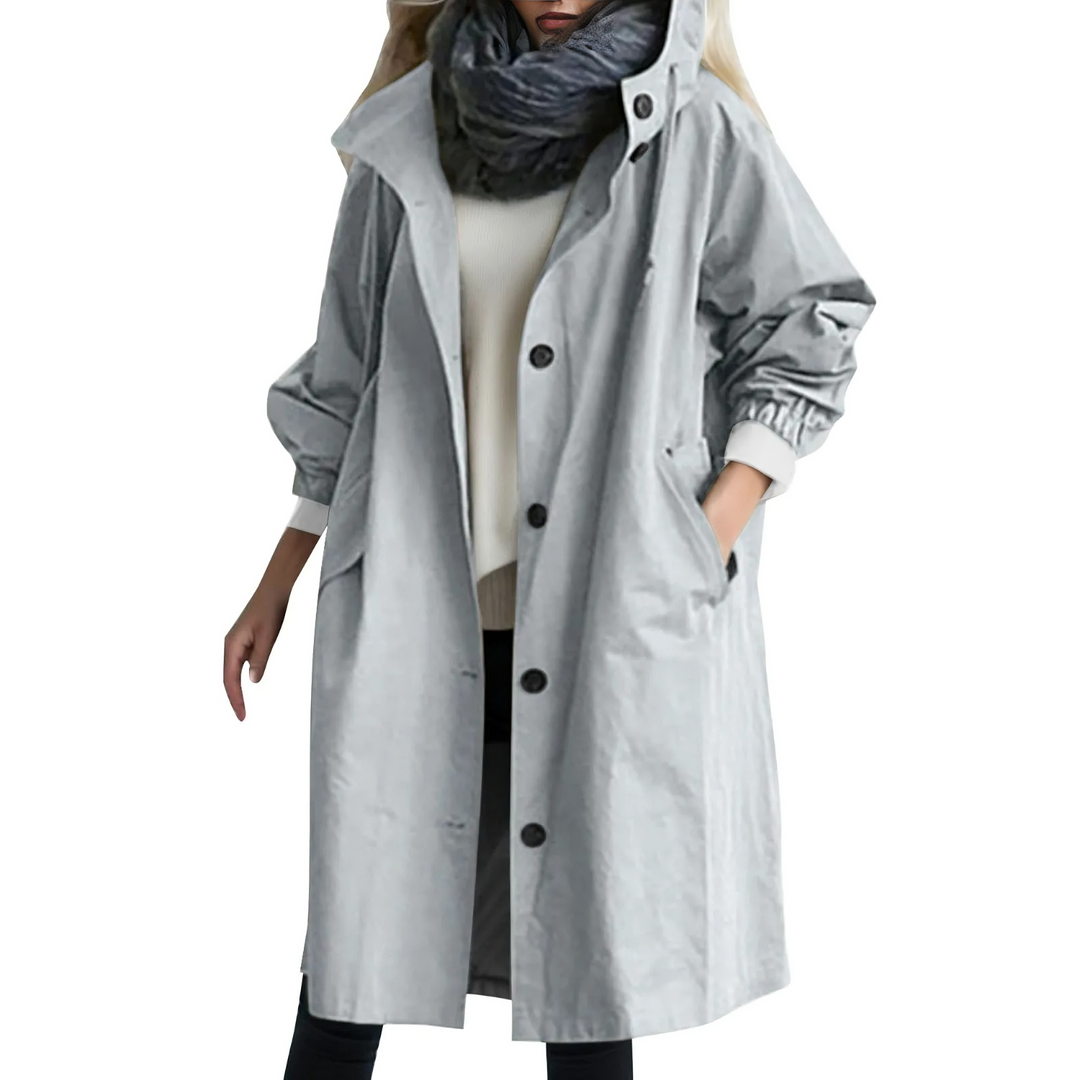 Women's stylish windproof hooded trench coat, perfect for transitional spring/fall weather protection.