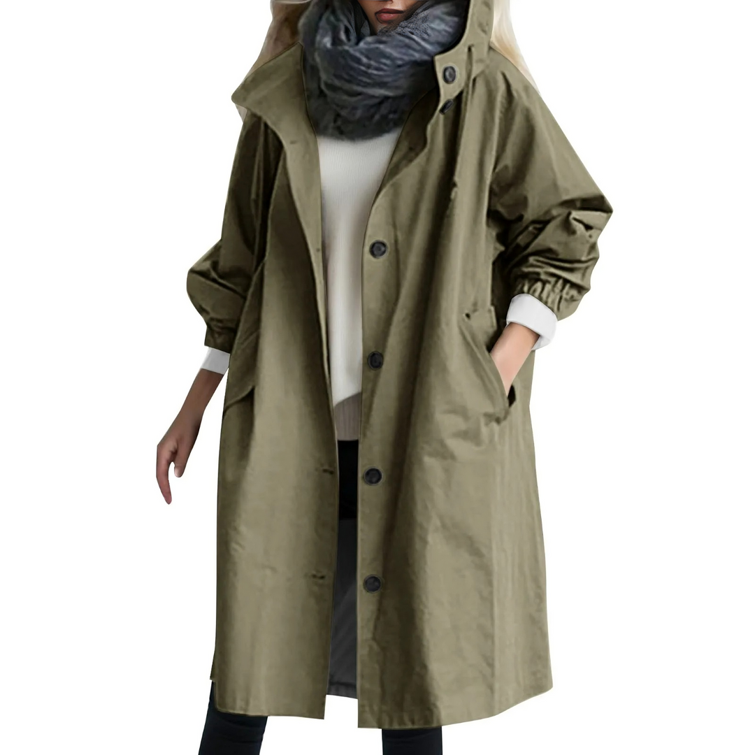 Chic women's windproof hooded trench coat. Essential outerwear for elegant comfort in spring & fall.
