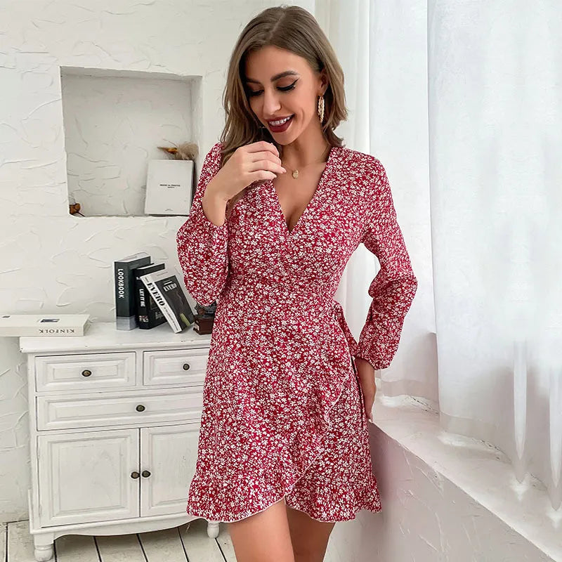 Ruffled V-neck mini wrap dress for women in wine red, featuring long sleeves and an elegant tie waist. Casual & chic.