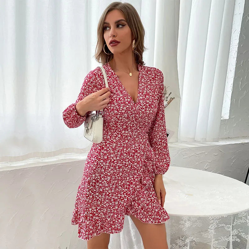 Stylish women's wine red ruffled V-neck wrap mini dress with long sleeves & tie waist. Elegant and versatile autumn wear.