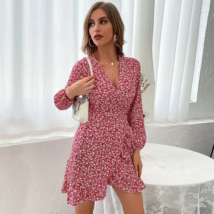 Stylish women's wine red ruffled V-neck wrap mini dress with long sleeves & tie waist. Elegant and versatile autumn wear.