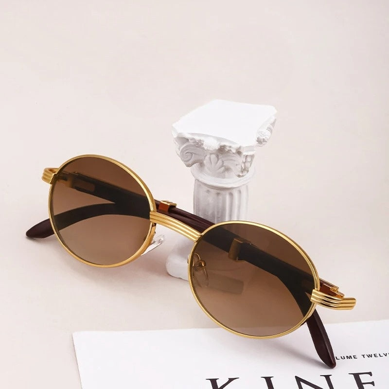 Stylish women's round sunglasses with unique woodgrain finish. Lightweight & vintage-inspired fashion eyewear.