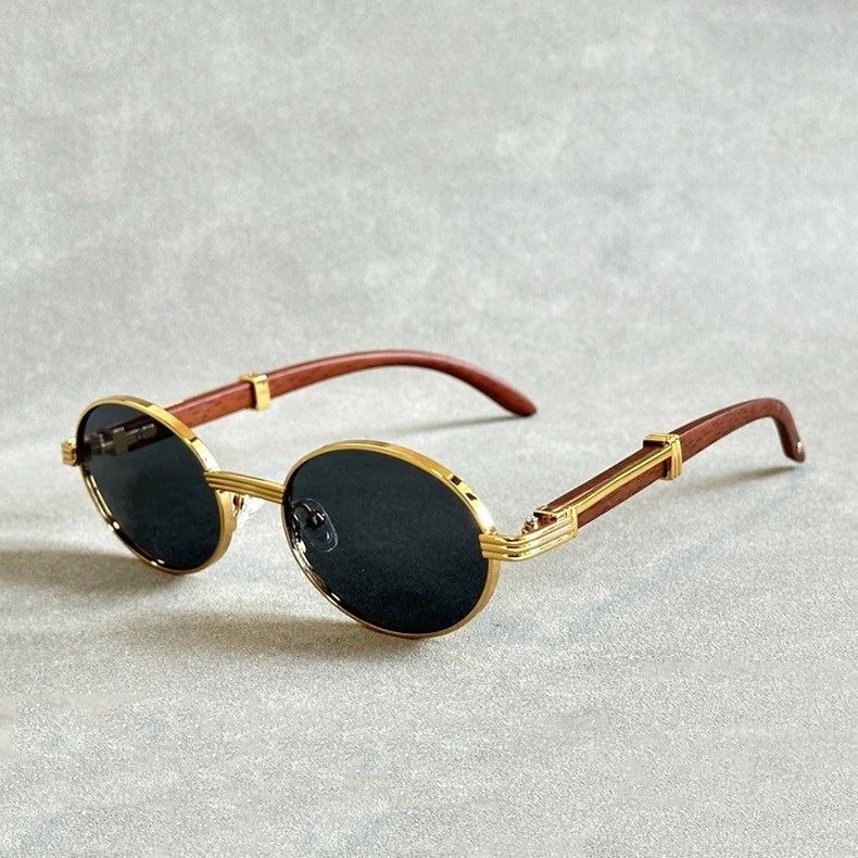 UV400 protected women's round sunglasses. Chic woodgrain design with subtle gold accents. Designer quality fashion.