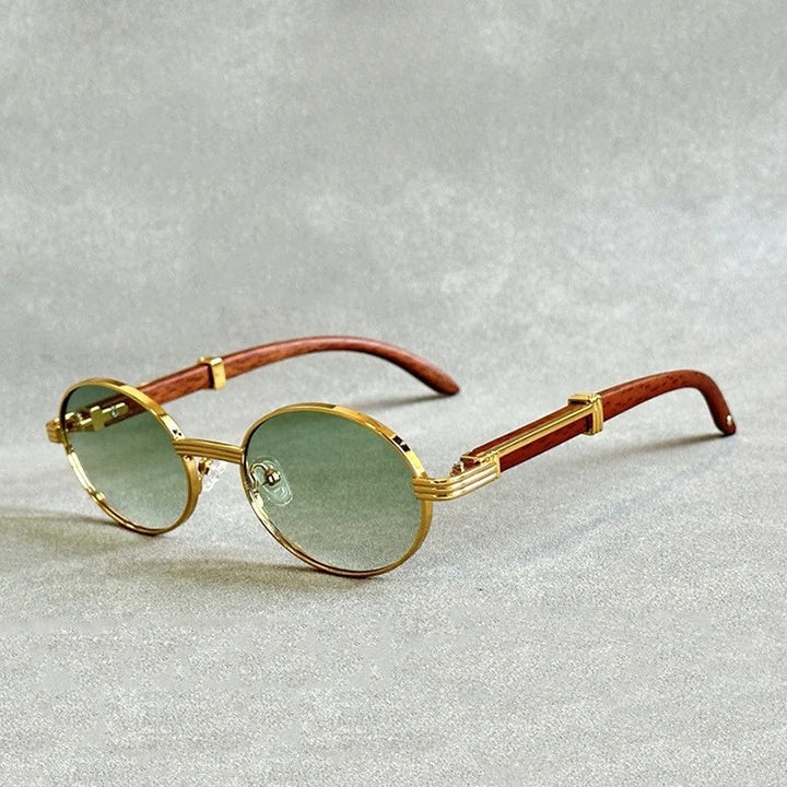 Designer quality women's round sunglasses, unique woodgrain pattern, elegant silver accents. Vintage fashion eyewear.