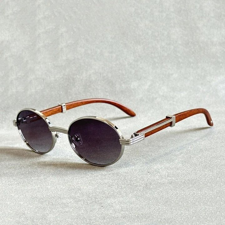 Women's vintage-style round sunglasses featuring a woodgrain frame, UV400 protection, & designer quality fashion.