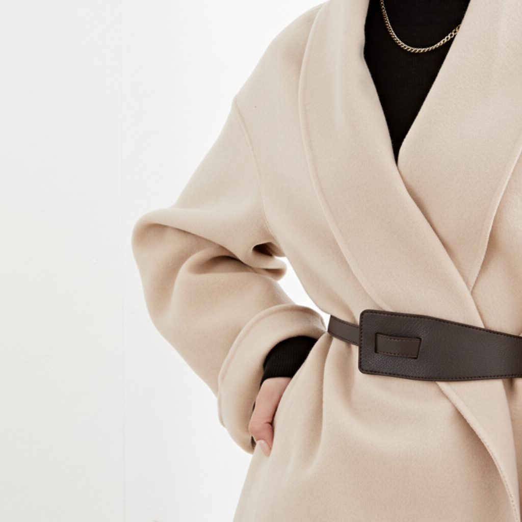 Warm winter wool coat for women, showcasing a stylish lapel collar and comfortable long design.