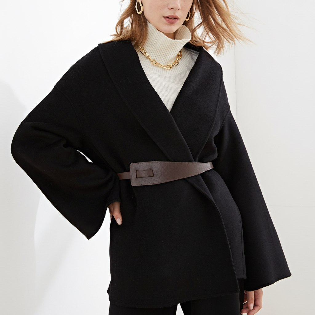 Classic women's long wool coat, 'Leonie' model, with a chic lapel collar and adjustable belt.