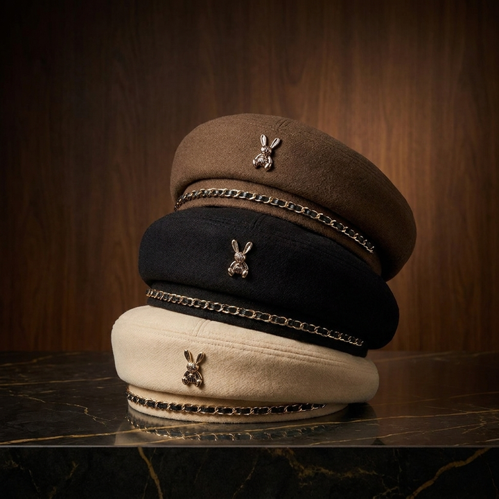 Women's baseball cap, stylish black wool blend, adorned with a unique gold bee emblem and decorative chain.