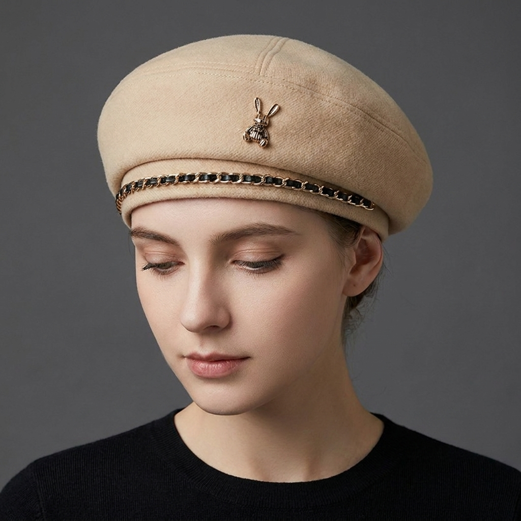 Fashion accessory: Women's baseball cap, chic wool blend, featuring an ornate sculptural gold bee and chain.