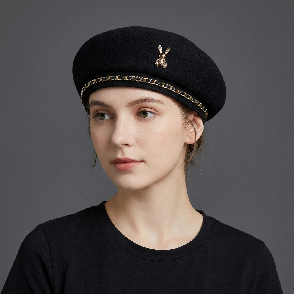 Women's black baseball cap, elegant design with a striking gold sculptural bee emblem and a subtle chain detail.