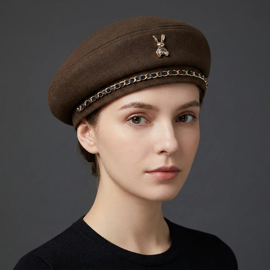 Statement women's baseball cap, premium wool blend, showcasing a sculptural gold bee emblem & chic chain accent.