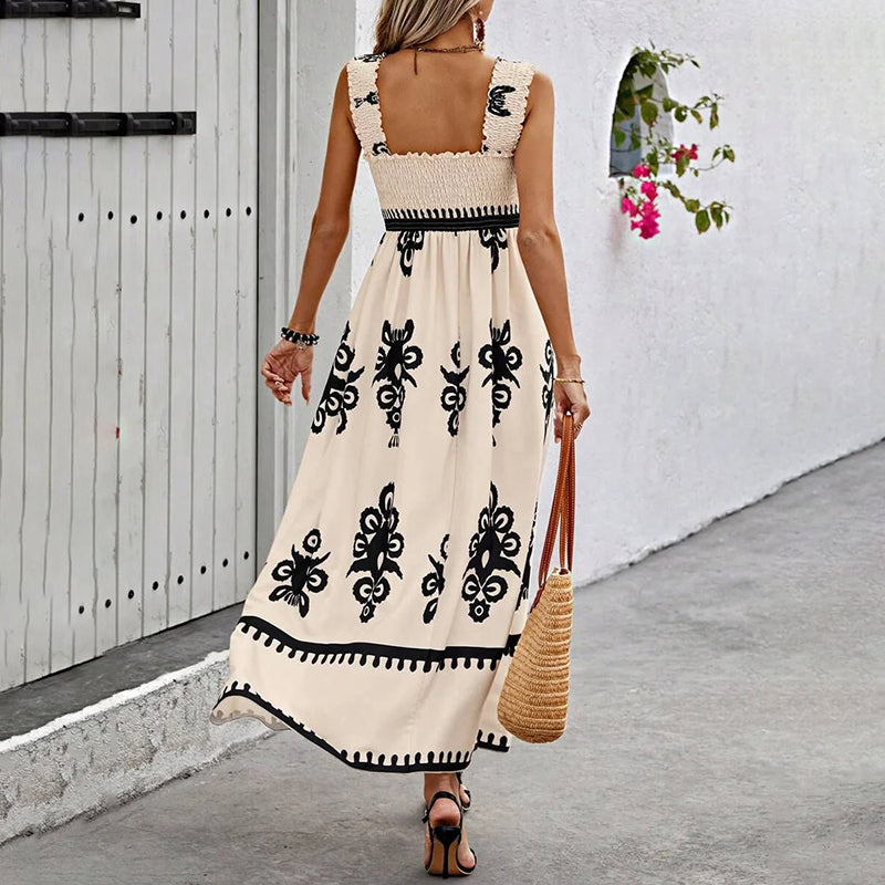 Elegant women's flowy maxi dress with wrap detail, a fashionable summer and beach essential