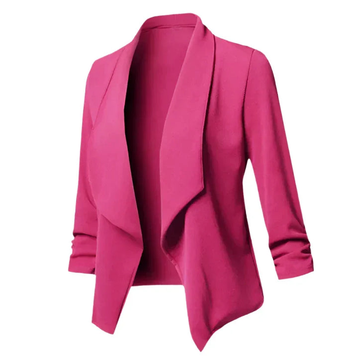 Women's open-front structured blazer, wrinkle-resistant fabric. Ideal for professional office attire and business looks.