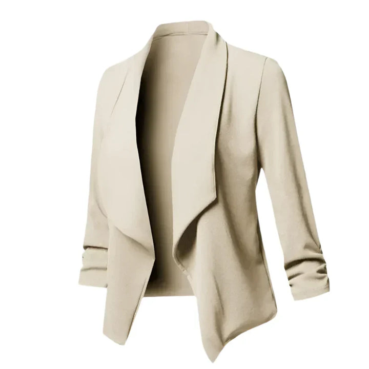 Elegant open-front blazer for women, structured and wrinkle-resistant, ideal for versatile smart casual or professional looks.