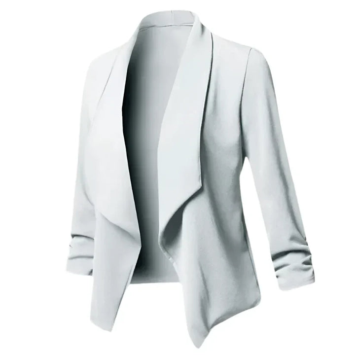 Comfortable women's structured blazer with an open front, wrinkle-resistant fabric for stylish business and office fashion.