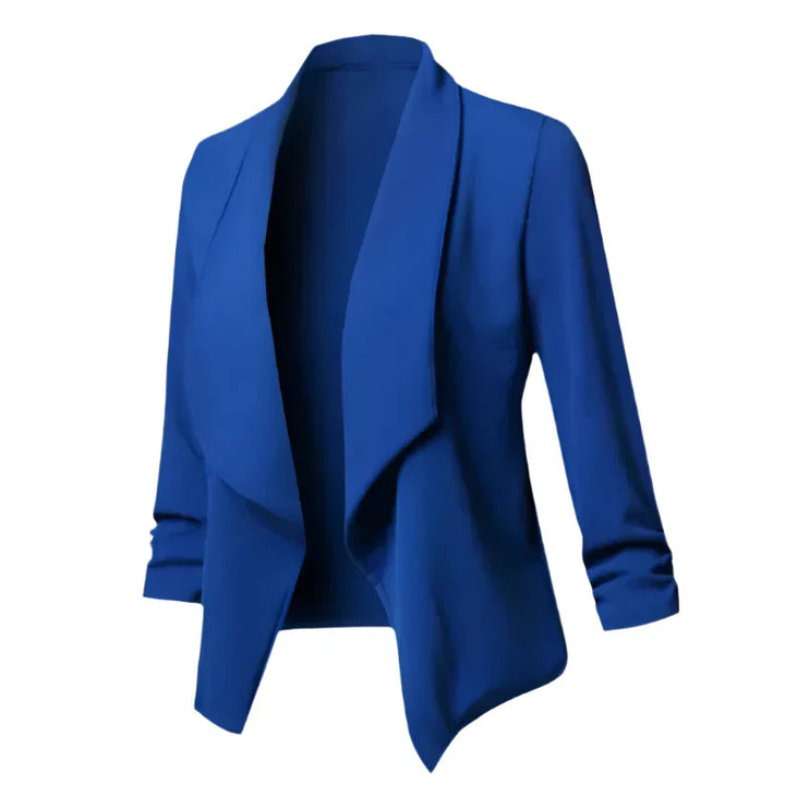 Professional ladies' open-front blazer, structured and wrinkle-resistant, a versatile jacket for modern office attire.