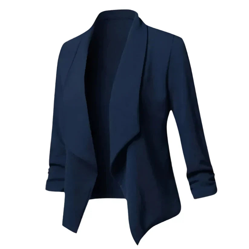 Chic wrinkle-resistant open-front blazer for women, structured design ensures a polished professional look for any occasion.