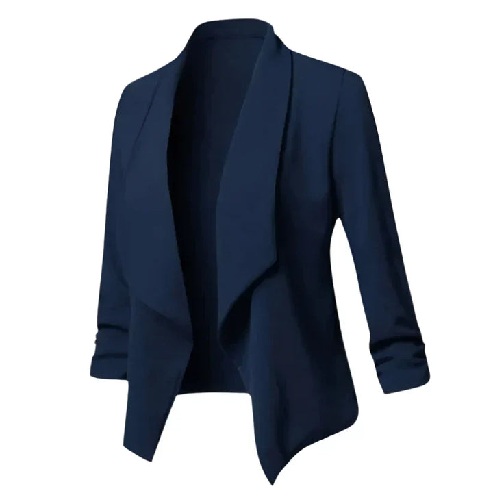 Chic wrinkle-resistant open-front blazer for women, structured design ensures a polished professional look for any occasion.