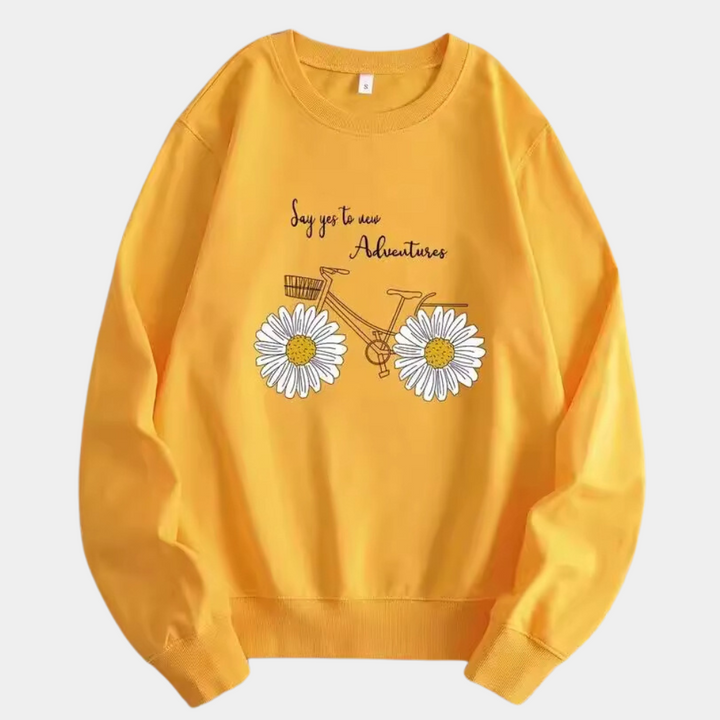 Women's yellow floral print sweatshirt for casual comfort, ideal for everyday spring & autumn wear.