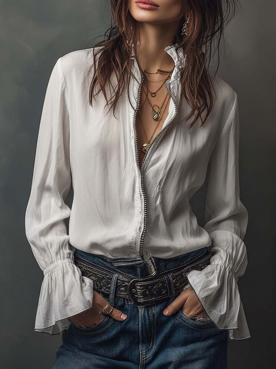 Women's zip-front blouse with elegant bell cuffs, long sleeve. Perfect for office or casual wear.