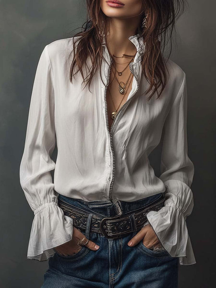 Women's zip-front blouse with elegant bell cuffs, long sleeve. Perfect for office or casual wear.