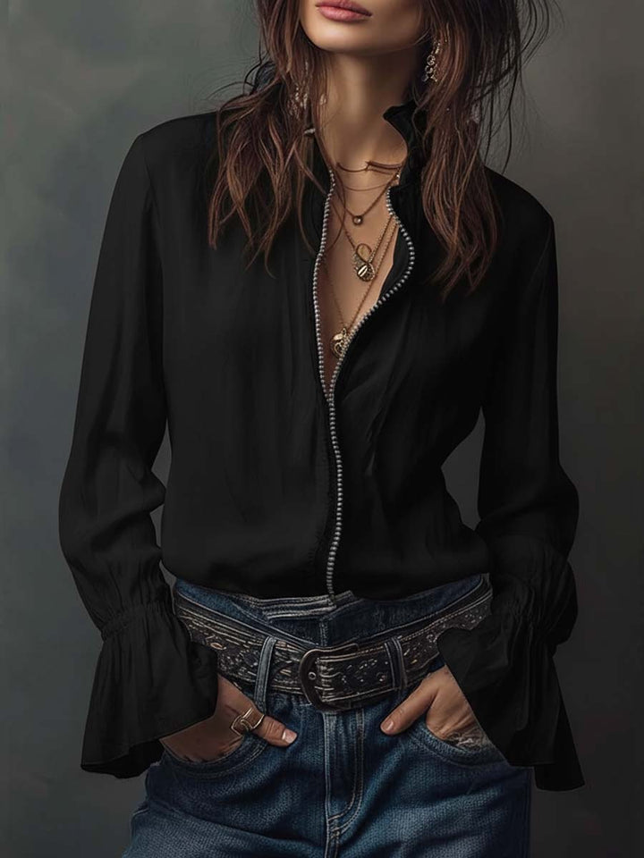 Designer women's long sleeve blouse with a zip front and graceful bell cuffs. Office & casual.