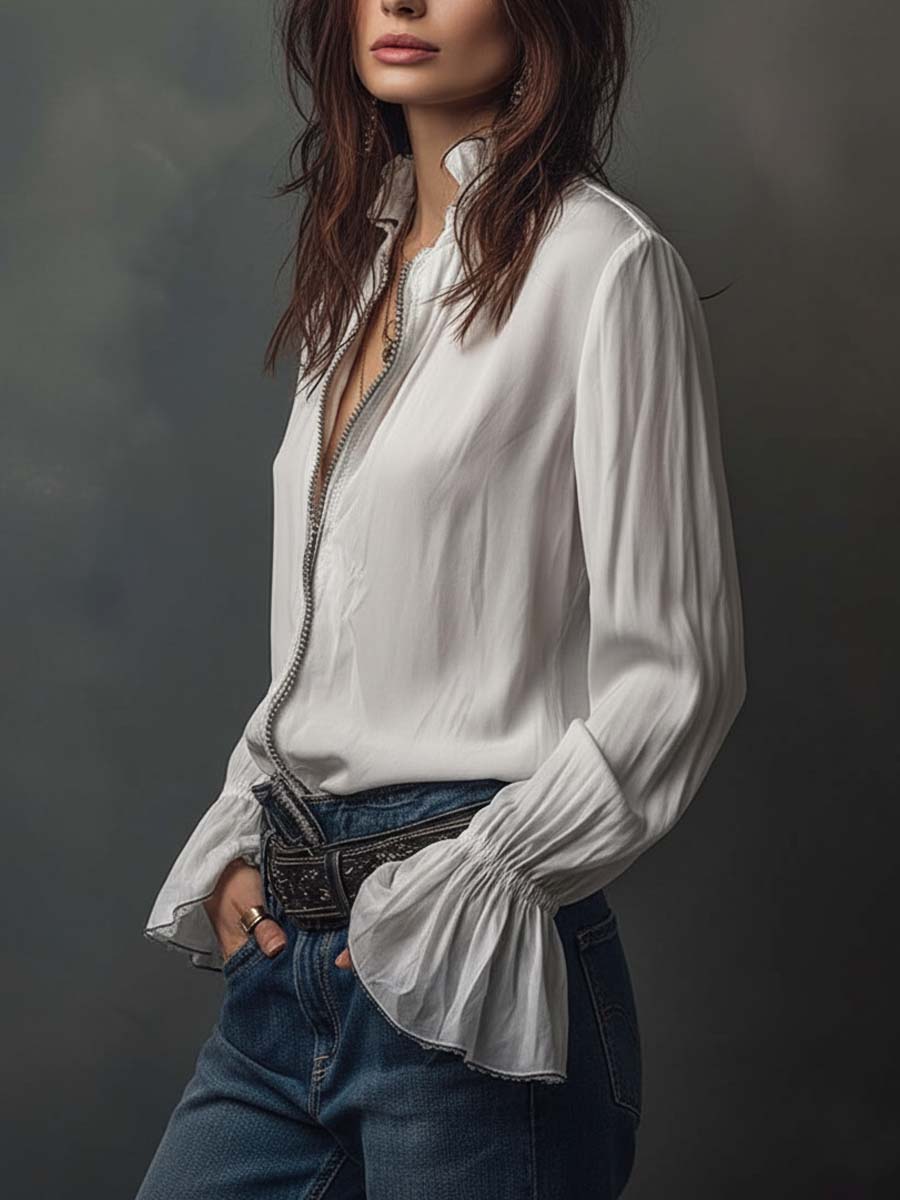 Stylish women's zip-front top, long sleeve bell cuffs. Versatile for office wear & casual chic.