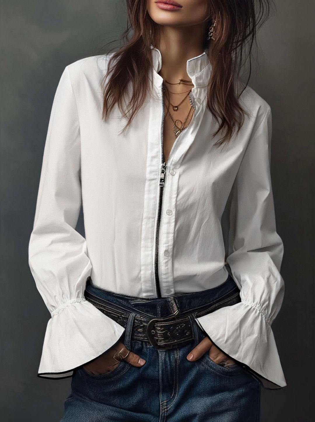 Casual chic women's long sleeve blouse featuring a zip front and fashionable bell cuffs.