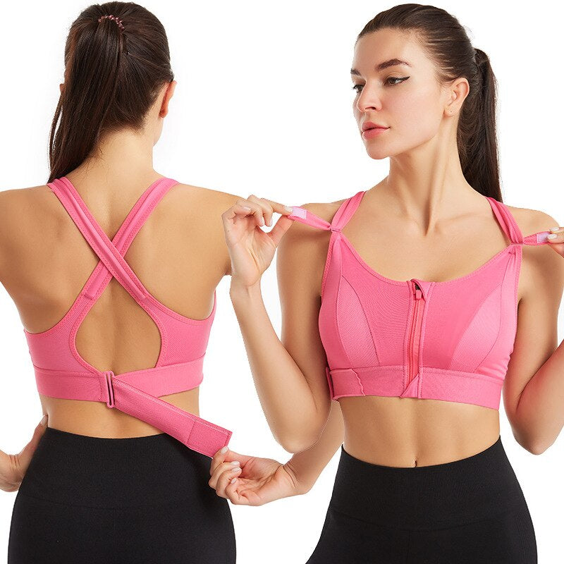 Athletic women's running bra, zip-front design, high support & back comfort for workouts.