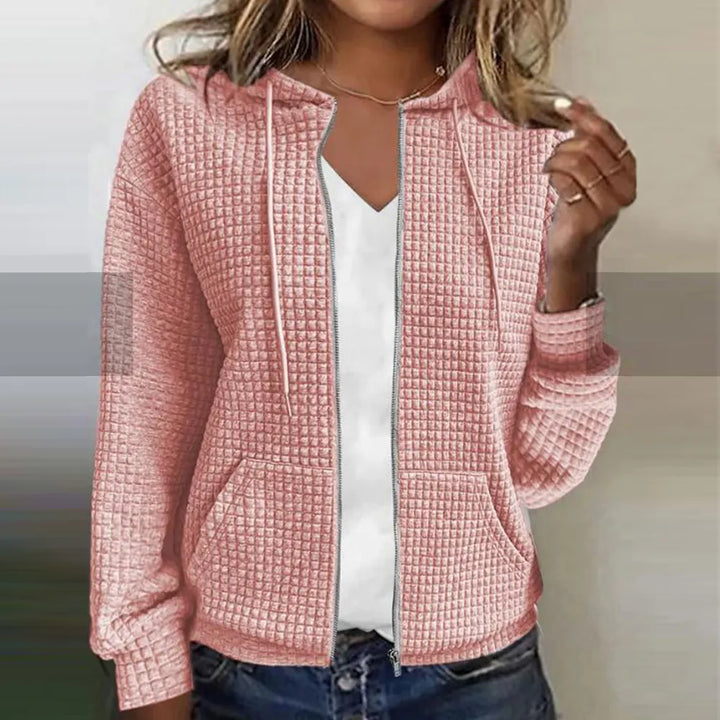 Women's zip-front waffle knit comfort jacket in a cozy, soft texture, ideal for casual layering.