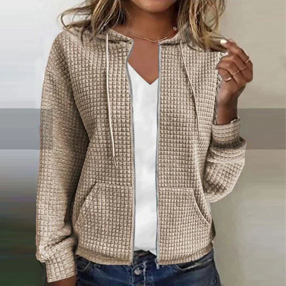 Cozy women's waffle knit zip-up jacket for everyday comfort & casual style, perfect for fall layering.
