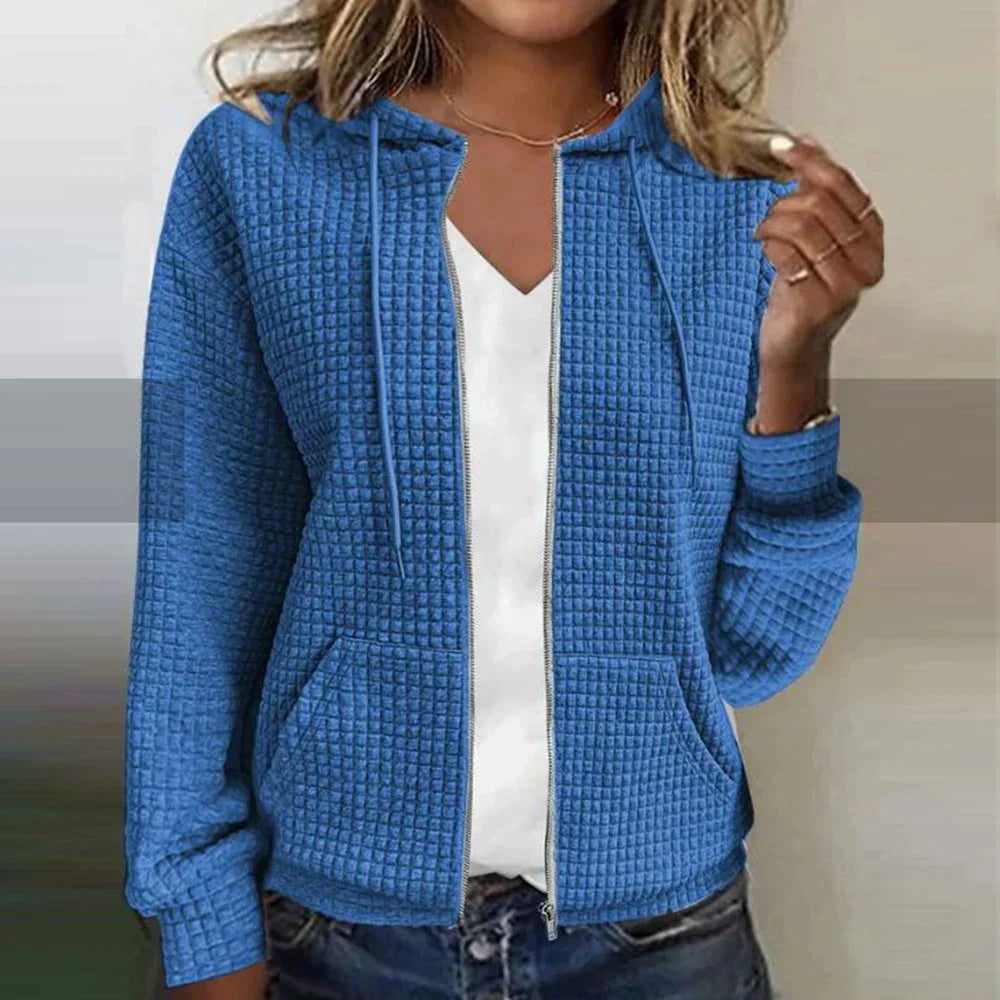 Stylish women's zip-front jacket with unique waffle knit texture, offering versatile casual outerwear.