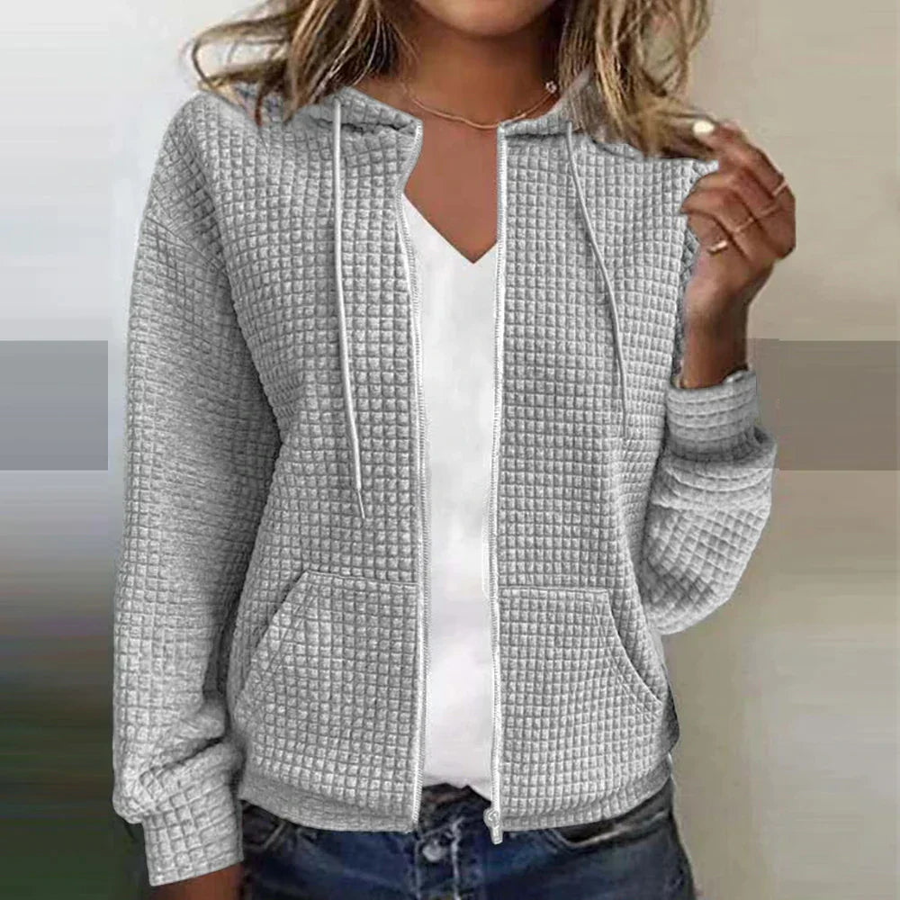 Versatile women's zip-up waffle knit jacket, ideal for spring & fall layering or everyday casual wear.